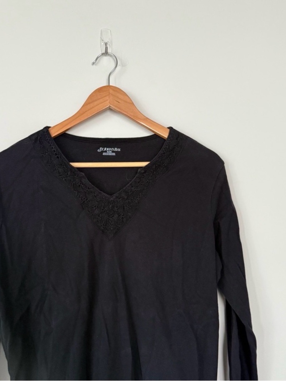 St. John’s Bay Black Long Sleeve 100% Cotton Shirt V Neck Embroidery